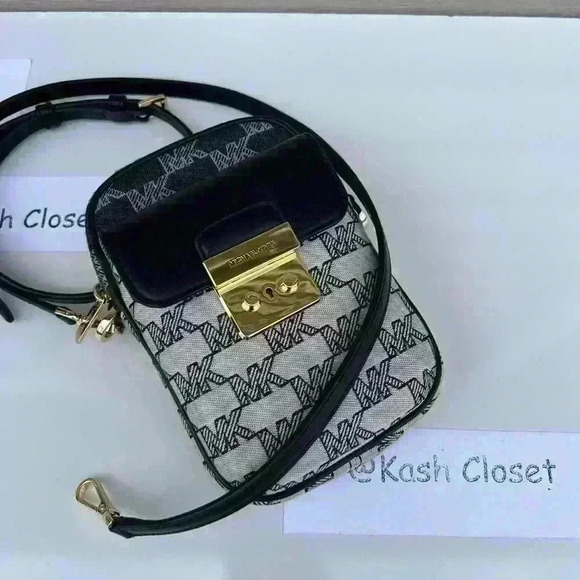 Michael Kors Phone Crossbody Sloan SM Top Zip Front Pocket bag Jacquard Black - Picture 1 of 9
